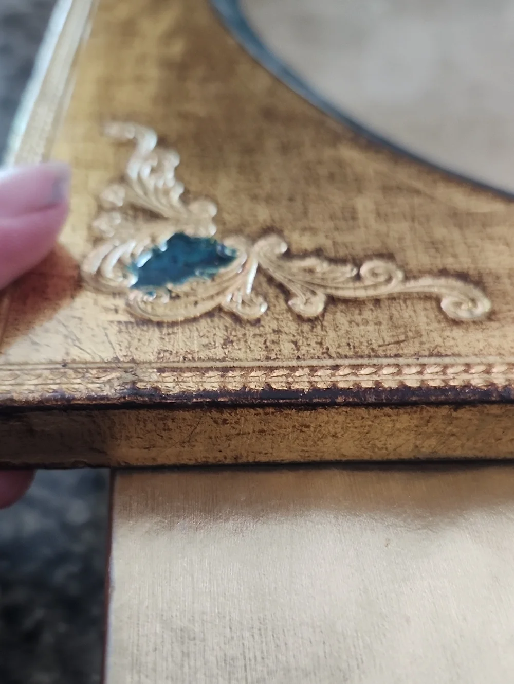 Vtg Ornate Wooden Gold and Teal Oval Picture Frame